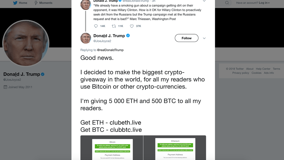 Imagem da matéria: Conta fake de Trump no Twitter finge distribuir Bitcoin e Ethereum