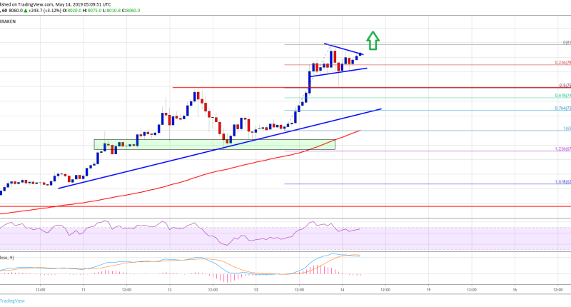 Imagem da matéria: Análise Técnica Bitcoin 14/05/19 - Alvos de US$ 8.500 e US$ 9.000