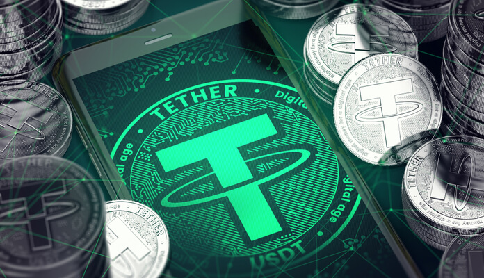 moedas de tether sob base com tema em verde da stablecoin