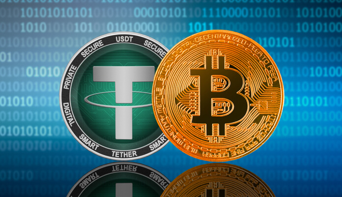 Moedas de Bitcoin e Tether lado a lado