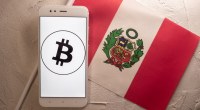 Celular com logo do Bitcoin à frente de bandeira do Peu