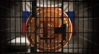 Moeda de Bitcoin em cela de prisão com bandeira russa da Rússia