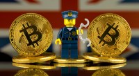 miniatura de soldado em em meio a moedas de Bitcoin-ao fundo, bandeira da Inglaterra