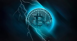 Moeda do Bitcoin envolta por raios (Lightning Network)