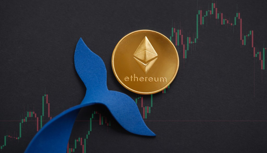 Ilustração de baleia azul moeda de ethereum e gráfico de trade