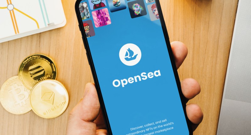 Celular com o logo da OpenSea e imagens NFT