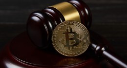 Martelo e bitcoin em uma mesa de madeira