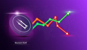 logo do jogo NFT Illuviem e um gráfico de mercado apontando para cima e para baixo