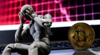 um robô triste sentado na frente do bitcoin em crise