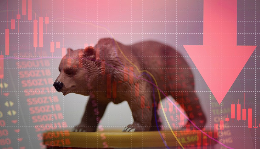 Urso com setas apontando para baixo. Indicação de queda no mercado cripto