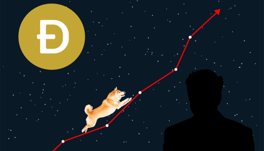 Ilustração de cão subindo gráfico no céu, ao lado lua dogecoin