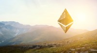 Símbolo Ethereum com paisagem ao fundo