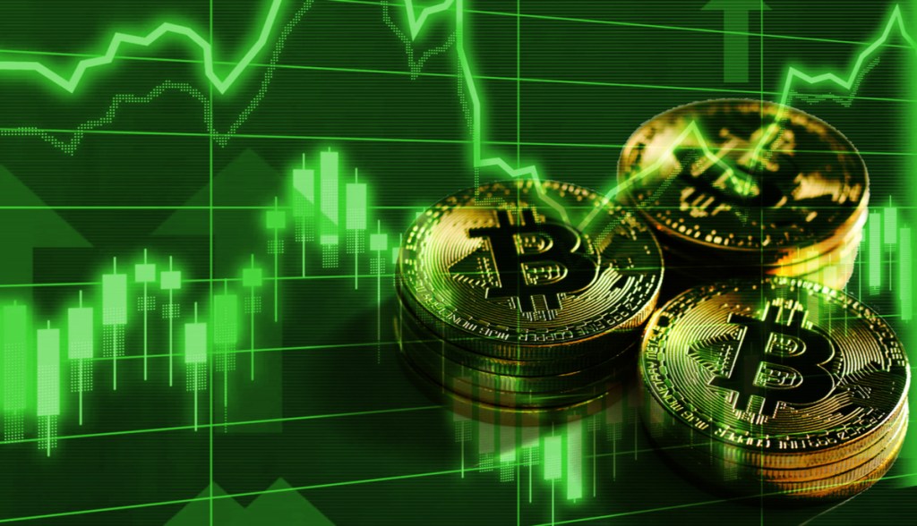 bitcoin subindo gráfico verde positivo