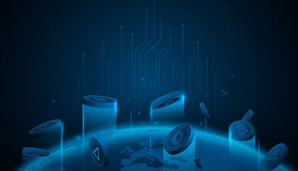 Ilustração mostra criptomoedas em 3D flutuando acima de um globo conectado via blockchain