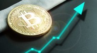 Moeda dourada de Bitcoin (BTC) próxima a uma seta que indica uma alta nos preços