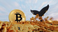 Cauda de baleia sob um mar de moedas de bitcoin