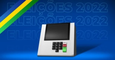 Ilustração de uma urna eletrônica-ao fundo texto Eleições 2022