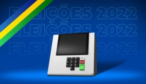 Ilustração de uma urna eletrônica-ao fundo texto Eleições 2022
