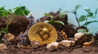 miniaturas de pessoas minerando bitcoin em meio a pedras e folhagens