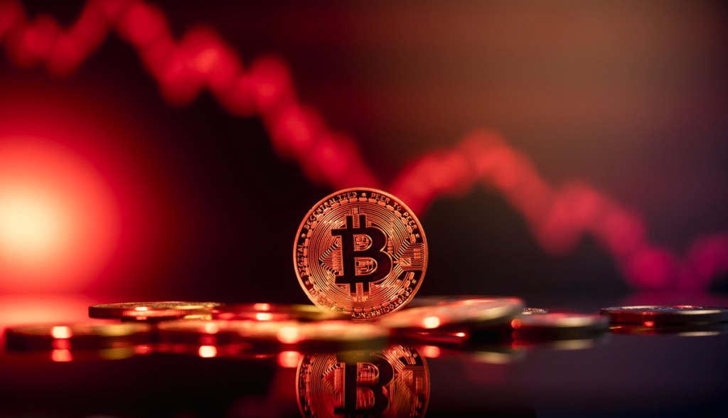 Bitcoin com grafico de queda ao fundo