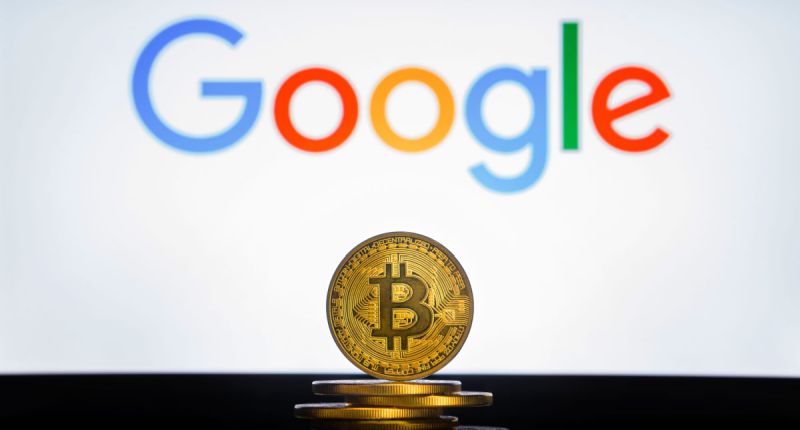 Moeda de bitcoin com o logotipo do google