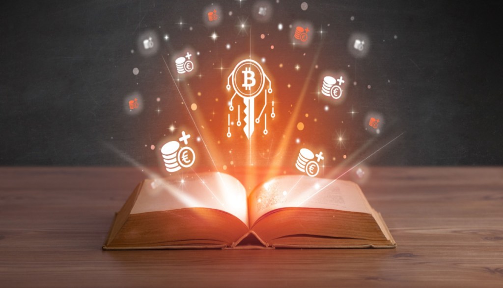 Simulação de holografias saindo de um livro físico com tema criptomoedas blockchain metaverso