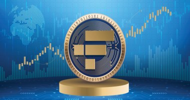 Ilustração do token da FTX FTT à frente de gráfico azul de mercado em alta