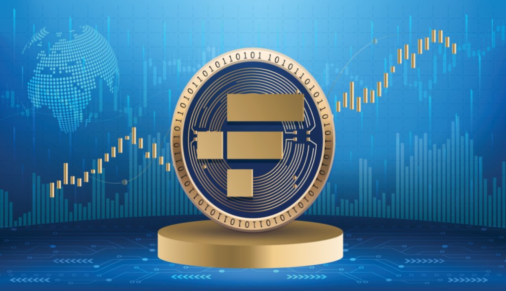 Ilustração do token da FTX FTT à frente de gráfico azul de mercado em alta