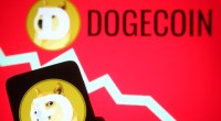 Moeda de Dogecoin e gráfico de queda de preço