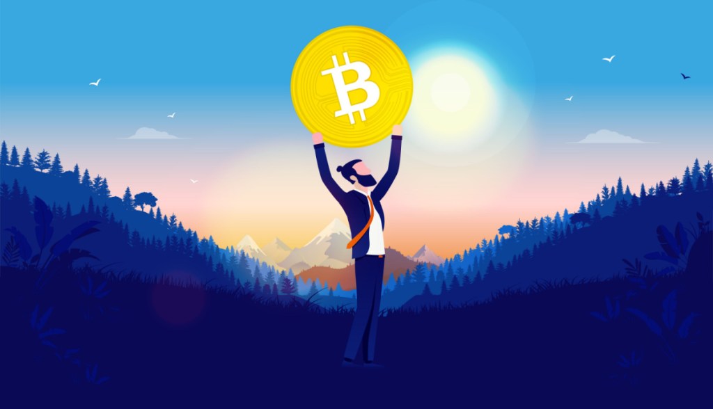 Ilustração de um executivo carregando uma moeda de bitcoin