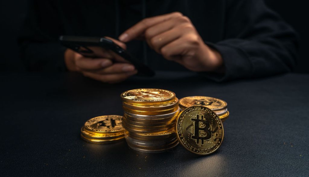 Um monte de moedas de bitcoin em mesa em que homem mexe no celular
