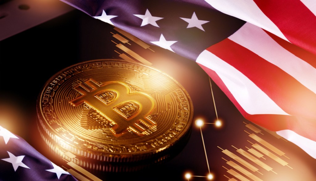 moeda de bitcoin com bandeira dos EUA