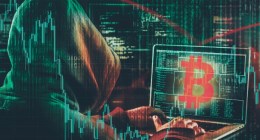 Hacker de bitcoin e criptomoedas mexendo no notebook