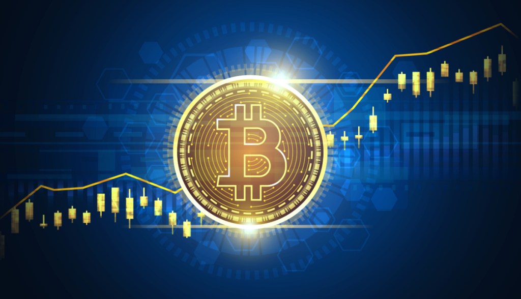 Moeda de bitcoin com grafico ao fundo