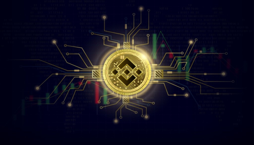 Simulação de rede de dados com logo da Binance