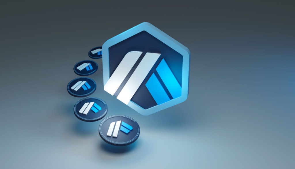Logotipo da Arbitrum hexagonal em tons de azul, branco e cinza
