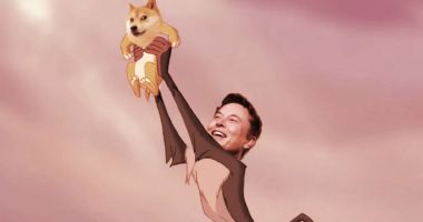 Montagem com Elom Musk segurando cão da dogecoin em alusão ao Rei Leão