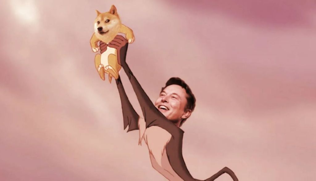 Montagem com Elom Musk segurando cão da dogecoin em alusão ao Rei Leão