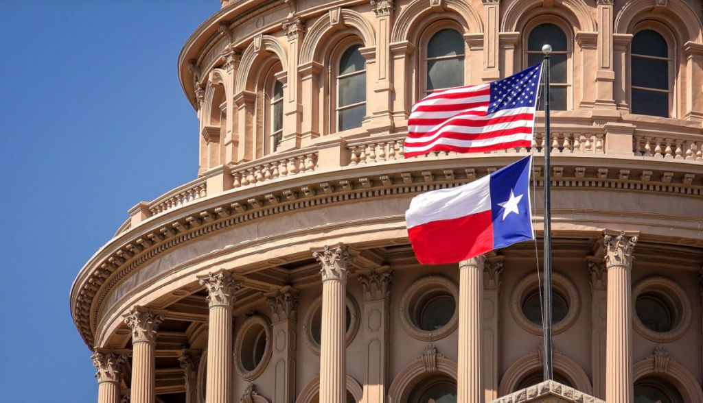 Bandeiras dos EUA e do estado do Texas no edifício do Capitólio em Austin