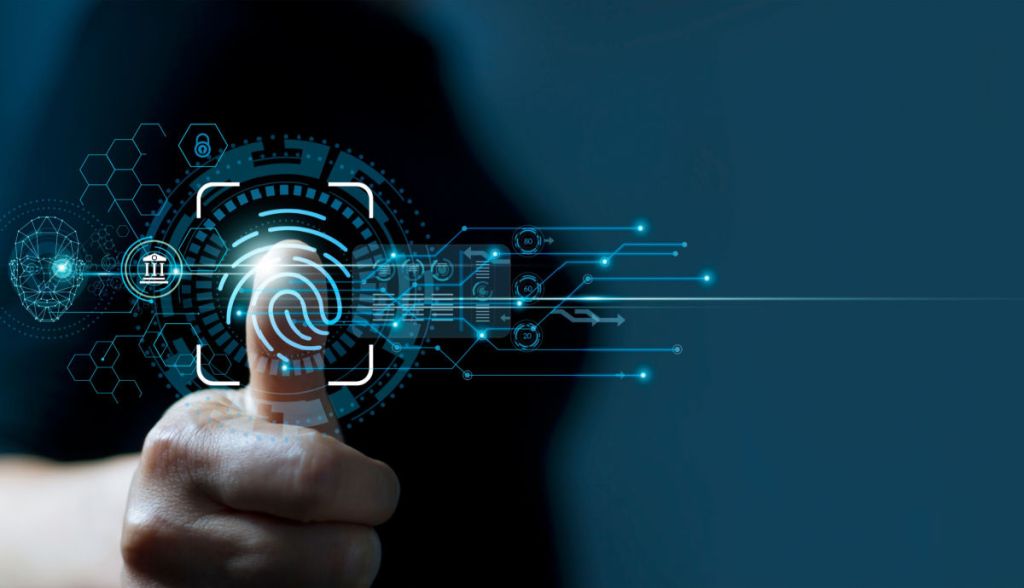Dedo polegar sobre holograma de identidade digital