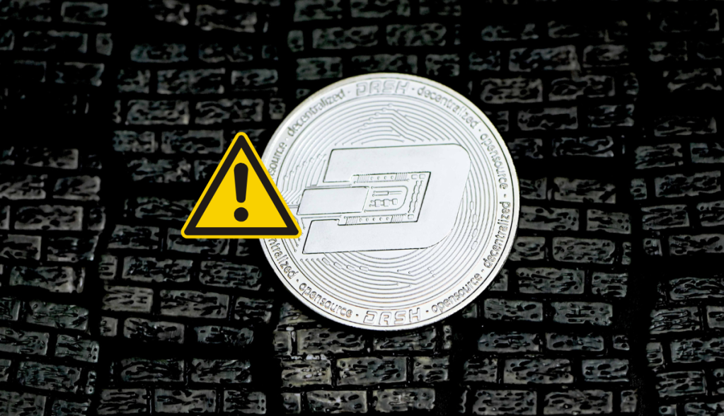 Moeda Dash com um sinal de "cuidado"