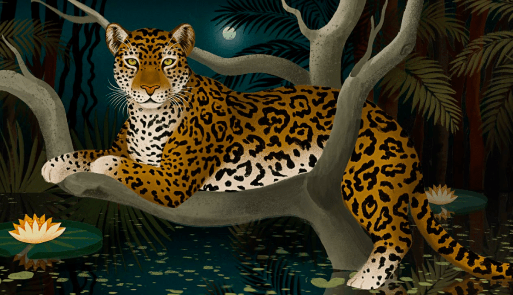 NFT de onça pintada deitada na selva noturna; parte de ação da Nestlé em apoio a ONG SOS Mata Atlântica
