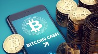 Moedas do Bitcoin Cash (BCH) ao lado de um celular com o logo do projeto