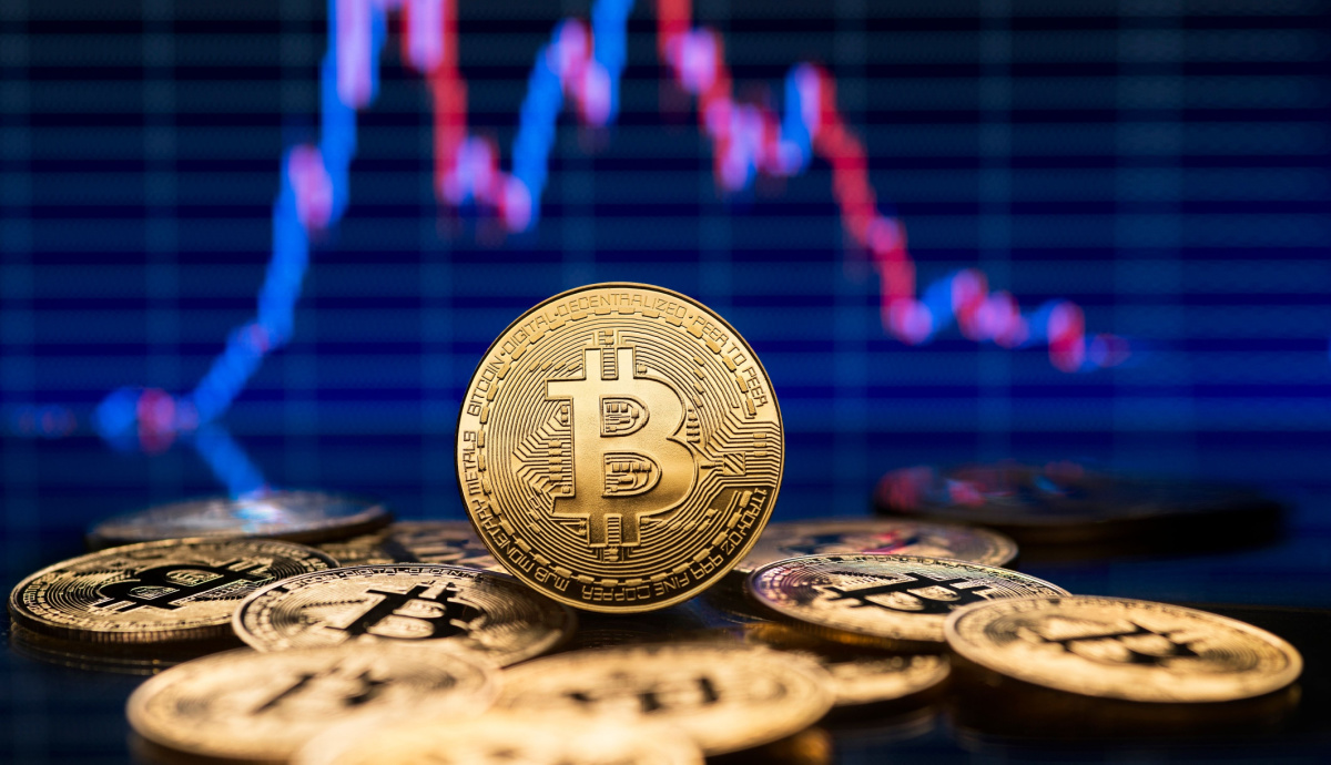 moeda de bitcoin com grafico no fundo