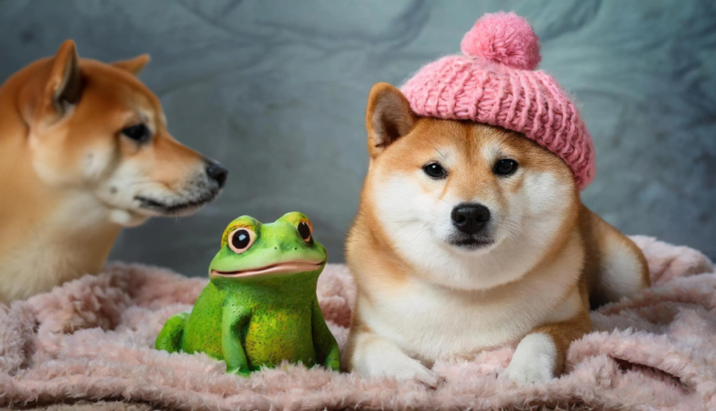 cão e sapo que representam memecoins
