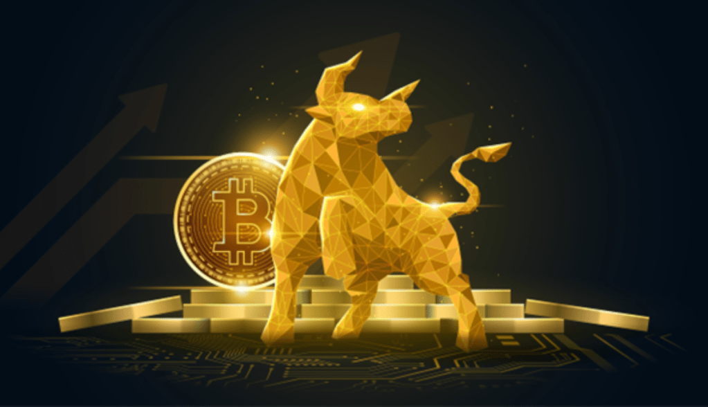 ilustração flamejante de touro e Bitcoin