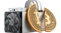 moeda de bitcoin partida ao meio e apoiada em máquina de mineração