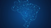 Ilustração mostra mapa do Brasil com pontos ligados em blockchain