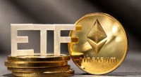 Sigla ETF ao lado de moeda dourada de Ethereum