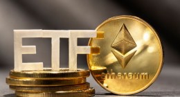 Sigla ETF ao lado de moeda dourada de Ethereum